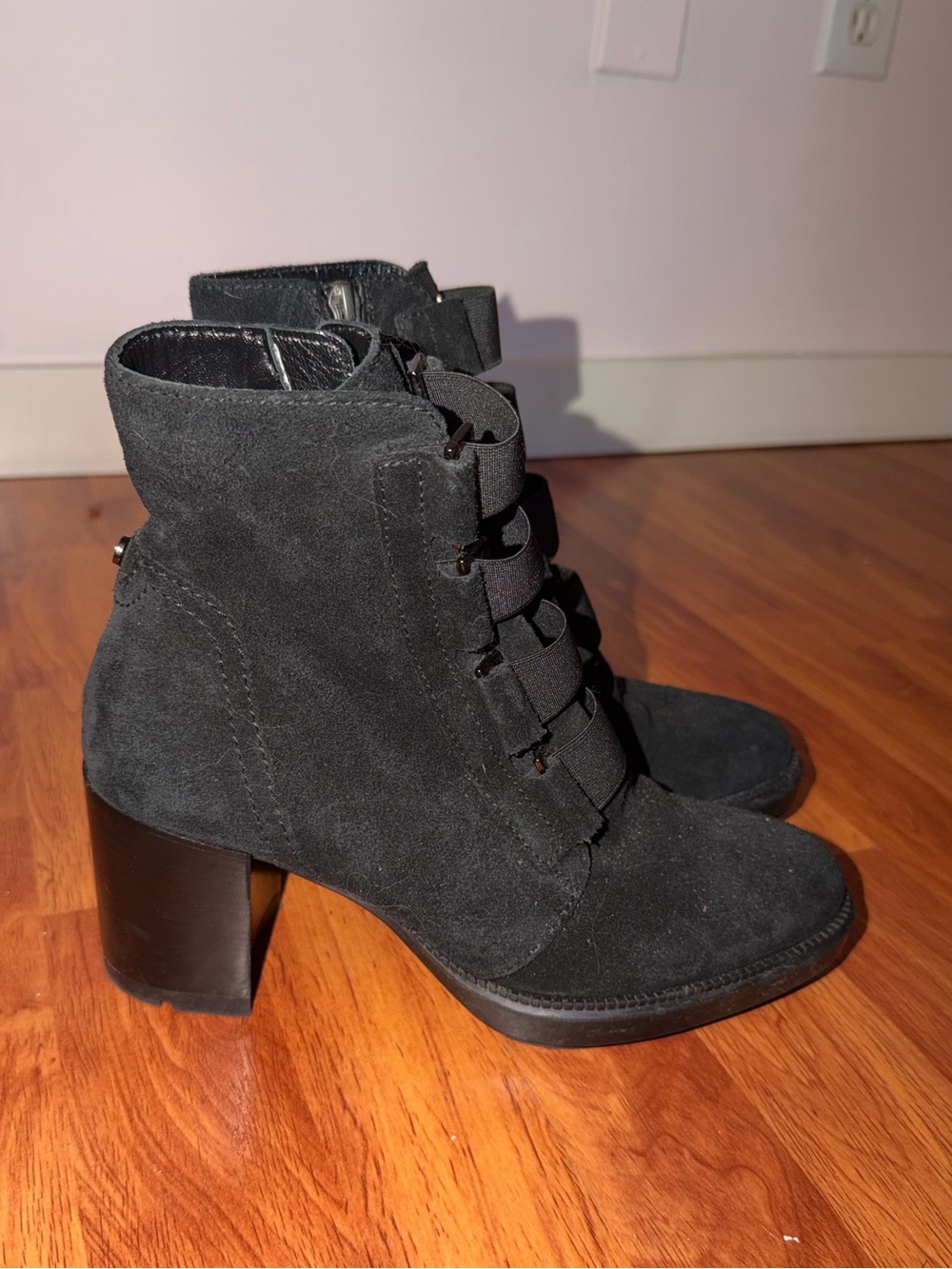 Aquatalia Black Suede Lace-Front Block Heel Ankle Boots